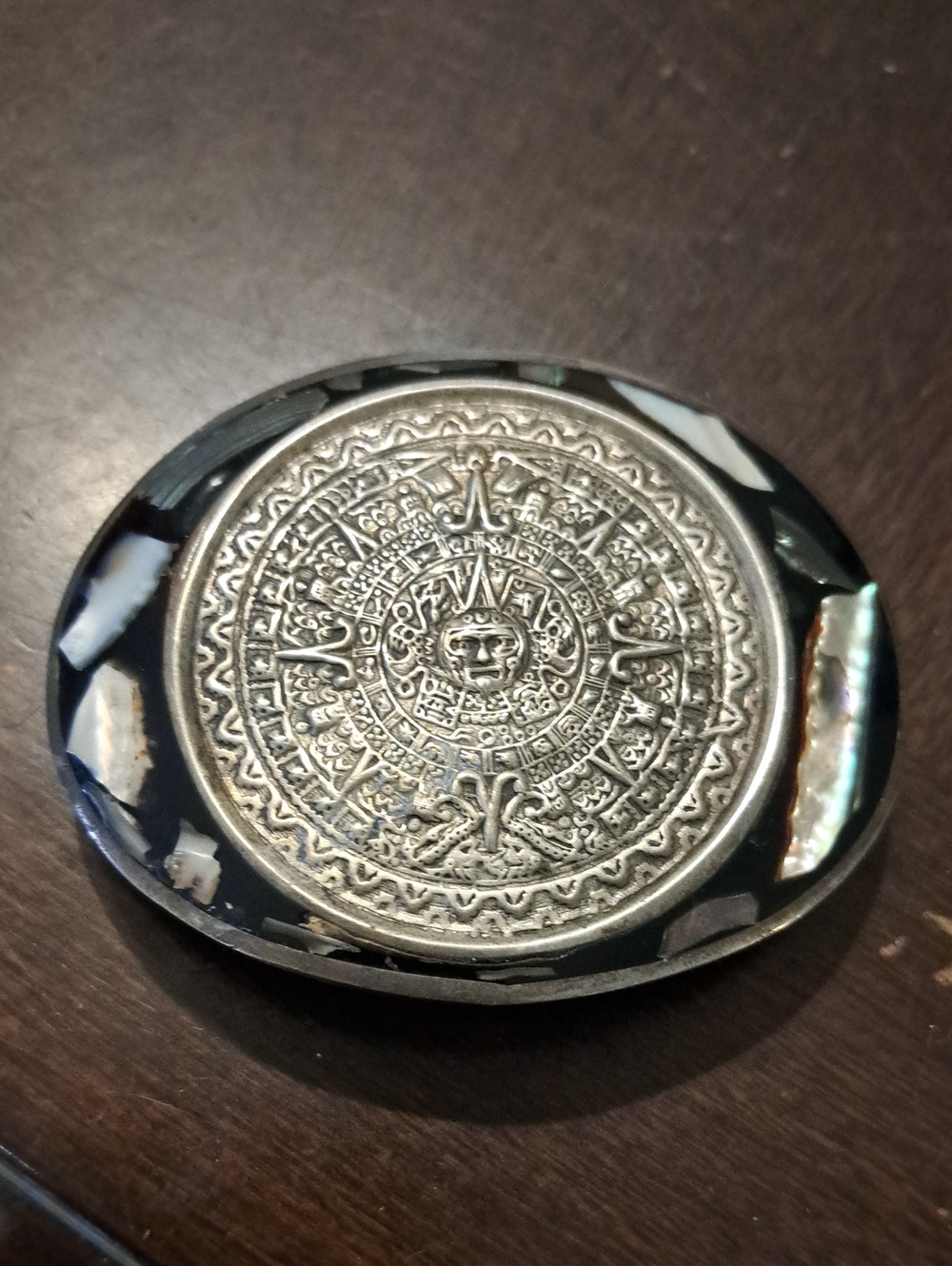 Intricate Alpaca Aztec-Style Oval Belt Buckle in Black and Silver. Celestial.